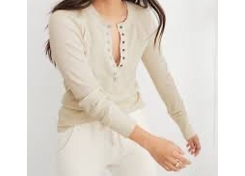 Aerie Women's Heart eyes ribbed waffle henley long sleeve shirt beige small